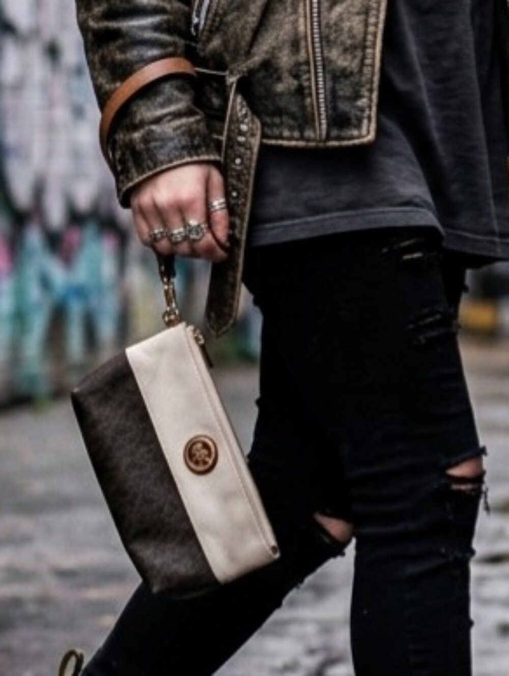 Michael Kors UNISEX Cream/Brown Wristlet with MK Gold Logo